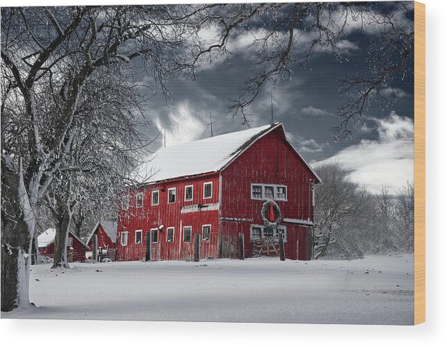 Barn Wood Print featuring the photograph Gussied Up - old red barn with Christmas wreath in snowy Wisconsin setting by Peter Herman