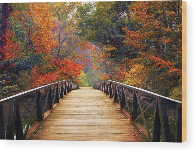 Autumn Footbridge Wood Print featuring the photograph Wondrous Woodland Crossing by Jessica Jenney