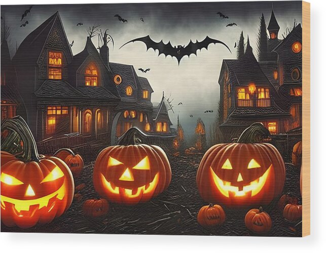 Digital Wood Print featuring the digital art Halloween Houses by Beverly Read