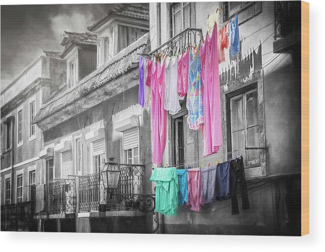 Lisbon Wood Print featuring the photograph Hanging Laundry Lisbon Portugal by Carol Japp