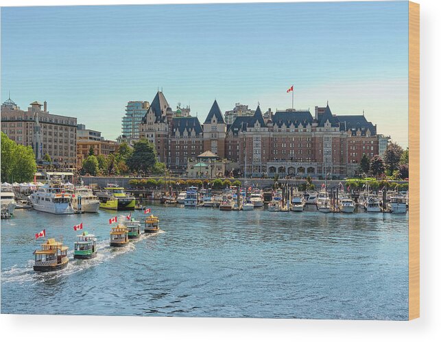 Canada Day Wood Print featuring the photograph Harbour Ferry Boats and Empress Hotel by Lindsay Thomson