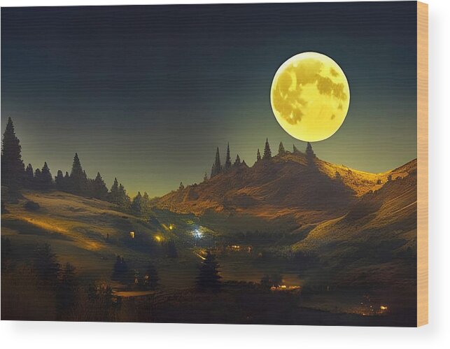 Digital Wood Print featuring the digital art Harvest Moon Over Farm by Beverly Read