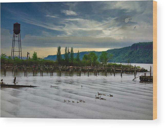 Hudson Wood Print featuring the photograph Hastings on Hudson Water Tower Ducks and Eagle by Russel Considine