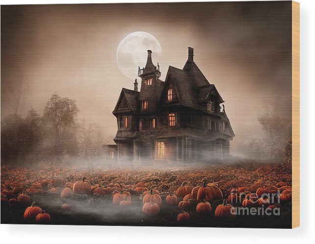 House Wood Print featuring the photograph Haunted house on pumpkin field at night. Halloween design. Full by Jelena Jovanovic