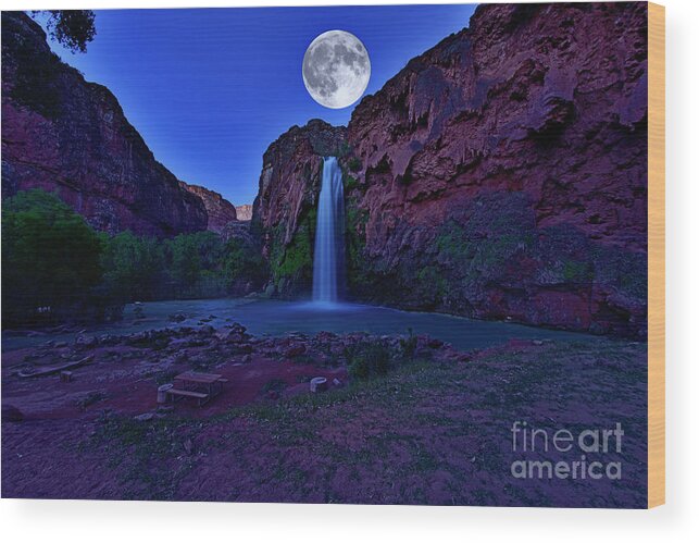 Havasu Falls Wood Print featuring the photograph Havasu Falls with Raising Moon by Amazing Action Photo Video