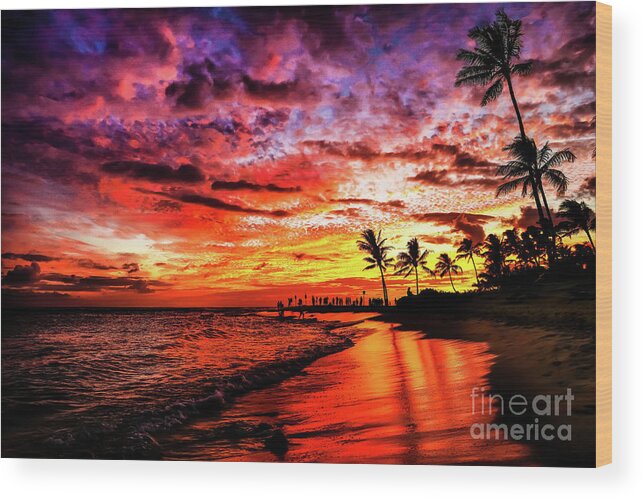 Hawaiian Wood Print featuring the photograph Hawaiian Sunset on Kauai Beach by M G Whittingham