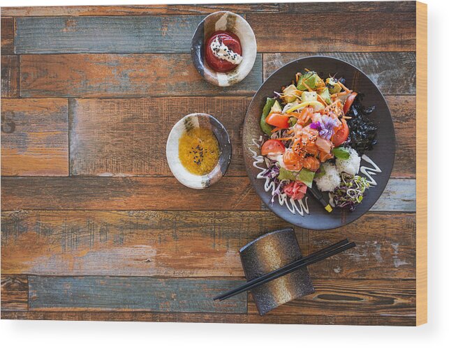 Korean Food Wood Print featuring the photograph Healthy Salmon Salad. by Nazar_ab