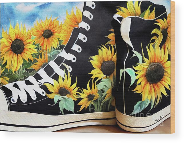 High Top Sneakers Wood Print featuring the painting Black High Tops And Sunflowers by Tina LeCour