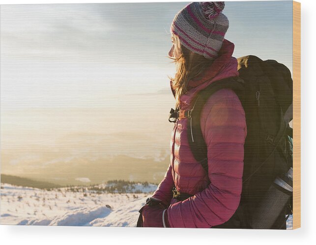 Scenics Wood Print featuring the photograph Hiker woman walking on the mountain ridge by Adam Ziarko