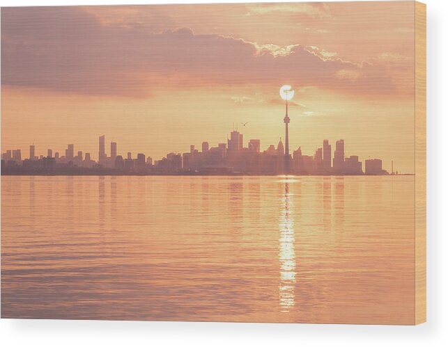 Perfectly Timed Wood Print featuring the photograph Holding Up the Sun - Perfectly Timed Rose Gold Sunrise Over Toronto by Georgia Mizuleva