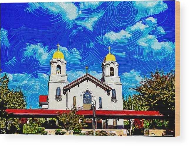 Holy Spirit Church Wood Print featuring the digital art Holy Spirit Church in Fremont, California - impressionist painting by Nicko Prints