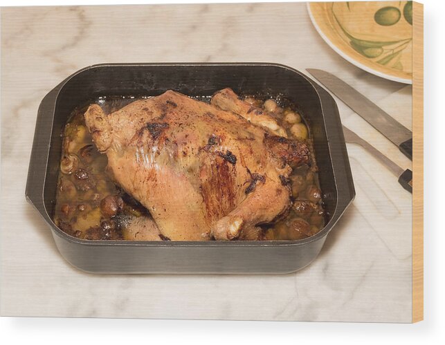 Chicken Meat Wood Print featuring the photograph Homemade roast whole chicken in one dish by Jean-Marc PAYET