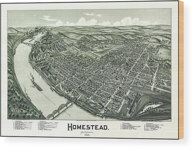 Homestead Wood Print featuring the photograph Homestead Pennsylvania Vintage Map Birds Eye View 1902 by Carol Japp
