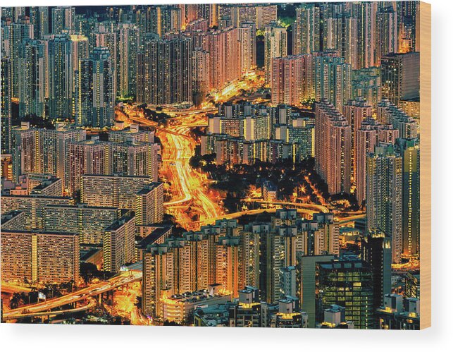  #city #night #urban #lights #vertical #highway #hong #kong #metropolis #mega #density #architecture #longexposure #buildings #asian #projects #states #housing #public #citylife #urbanlife #engineering Wood Print featuring the photograph Hong Kong by Night by Jose Luis Vilchez