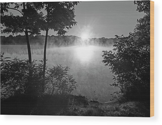 Woburn Wood Print featuring the photograph Horn Pond Sunrise in Woburn Massachusetts Mist Black and White by Toby McGuire
