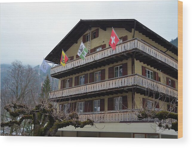 Lauterbrunnen Wood Print featuring the photograph Hotel Flags in Lauterbrunnen Village Jungfrau Region Early Spring Switzerland by Shawn O'Brien