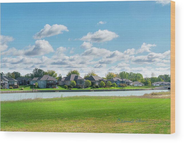 Clouds Wood Print featuring the photograph House And Lake Lined Fairway by Ed Peterson
