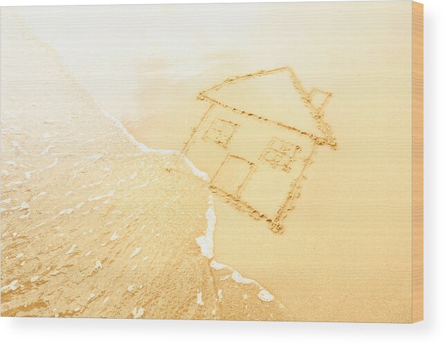 Problems Wood Print featuring the photograph House in sand washed away by waves by Dan Brownsword