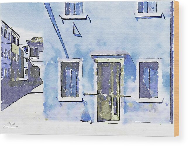 House Wood Print featuring the mixed media House with Blue Shutters by Shelli Fitzpatrick