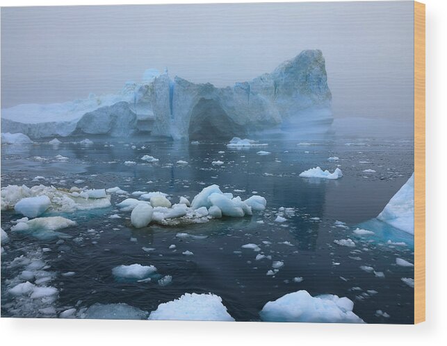 Scenics Wood Print featuring the photograph Icebergs floating in the sea on a foggy and cloudy day by Rainer Grosskopf