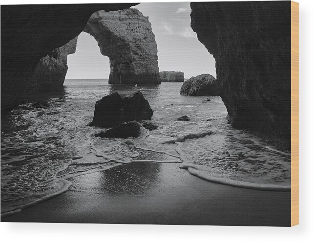 Portuguese Beach Wood Print featuring the photograph Idyllic Cave in Monochrome by Angelo DeVal