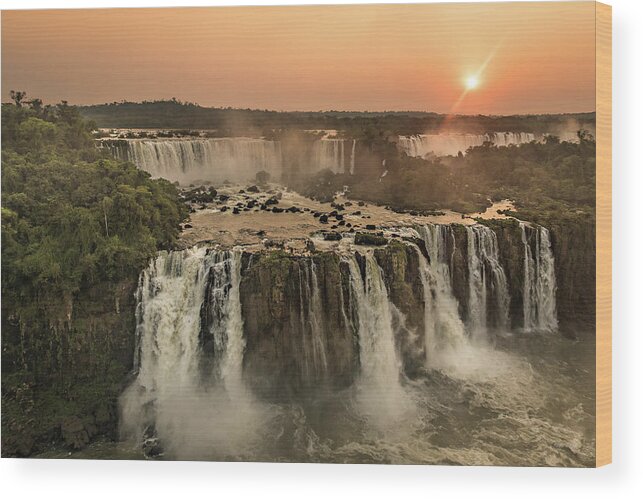 Waterfall Wood Print featuring the photograph Iguazu Sunset by Linda Villers