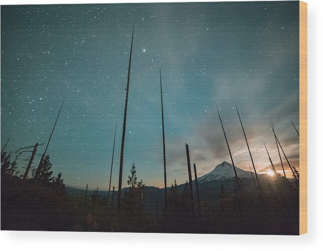 Tranquility Wood Print featuring the photograph Incredible moonset and stars on Mt. Hood from the Hood River Valley by Tyler Hulett