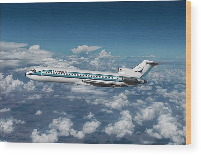 Republic Airlines Wood Print featuring the mixed media Inflight View of a Republic Airlines Boeing 727 by Erik Simonsen