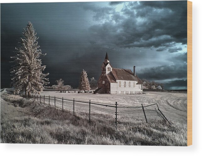 Big Coulee Lutheran Wood Print featuring the photograph Big Coulee Lutheran Church in infrared - Ramsey county North Dakota by Peter Herman