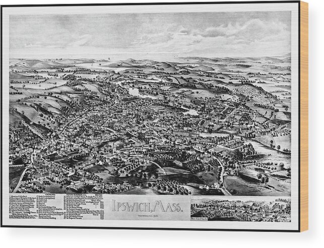 Massachusetts Map Wood Print featuring the photograph Ipswich Massachusetts Vintage Map Birds Eye View 1893 Black and White by Carol Japp