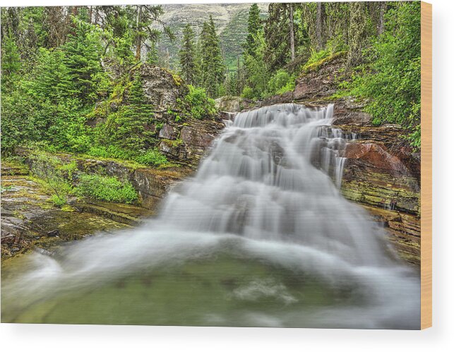 Mountain Waterfall In Glacier National Park Wood Print featuring the photograph Its all so splendid by Carolyn Hall