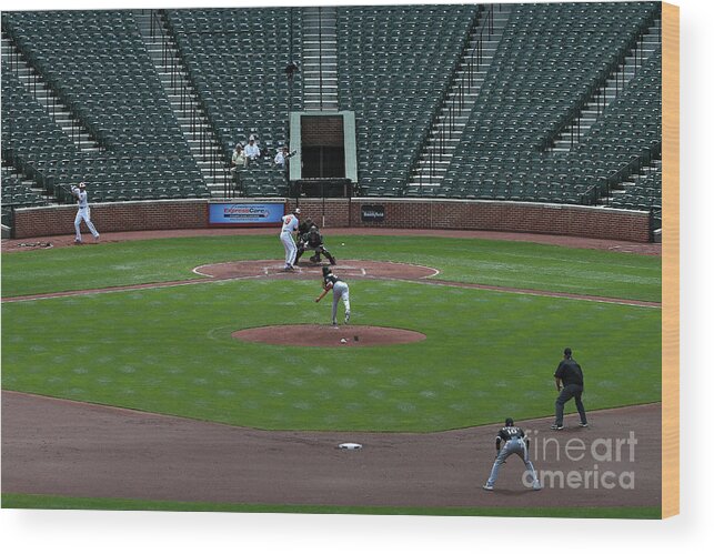 American League Baseball Wood Print featuring the photograph Jeff Samardzija and Chris Davis by Patrick Smith