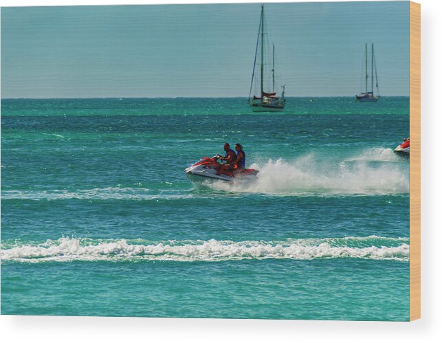 Water; Color; Boats; Travel; Sport; Skies Wood Print featuring the photograph Jet Skiing by AE Jones