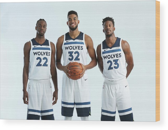 Media Day Wood Print featuring the photograph Jimmy Butler and Andrew Wiggins by David Sherman