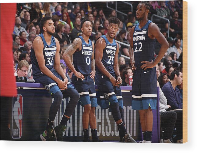 Nba Pro Basketball Wood Print featuring the photograph Jimmy Butler, Andrew Wiggins, and Jeff Teague by Andrew D. Bernstein