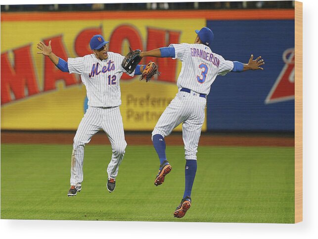 People Wood Print featuring the photograph Juan Lagares and Curtis Granderson by Jim Mcisaac