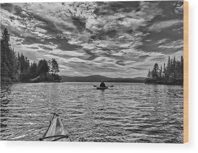 B&w Wood Print featuring the photograph Kayaker on Maine Lake Black and White by Russel Considine