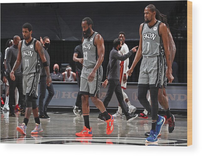 Kyrie Irving Wood Print featuring the photograph Kevin Durant, Kyrie Irving, and James Harden by Nathaniel S. Butler