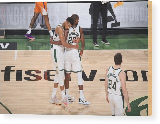 Playoffs Wood Print featuring the photograph Khris Middleton and Giannis Antetokounmpo by Gary Dineen