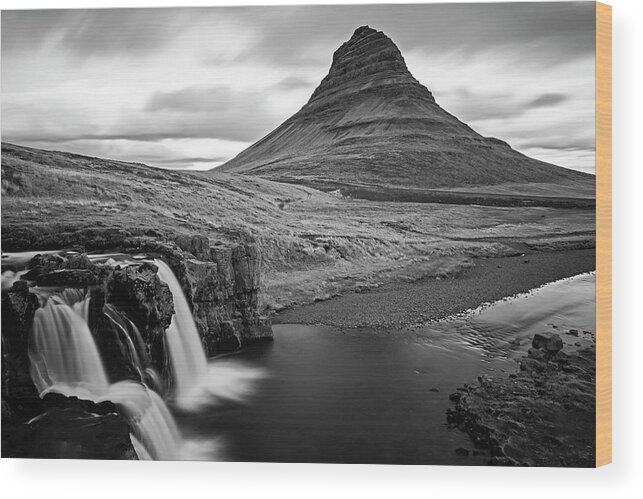 Kirkjufell Wood Print featuring the photograph Kirkjufell Mountain Waterfalls in Snaefellsnes Peninsula Grundarfjorour Iceland Black and White by Toby McGuire