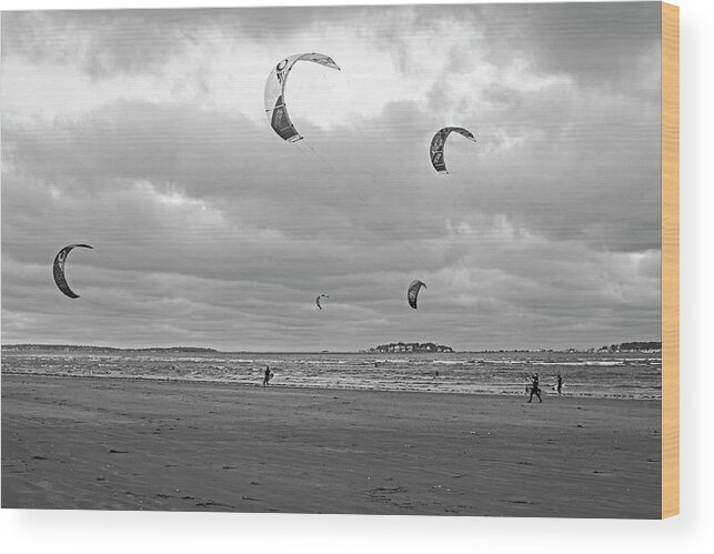 Revere Wood Print featuring the photograph Kitesurfing on Revere Beach Black and White by Toby McGuire