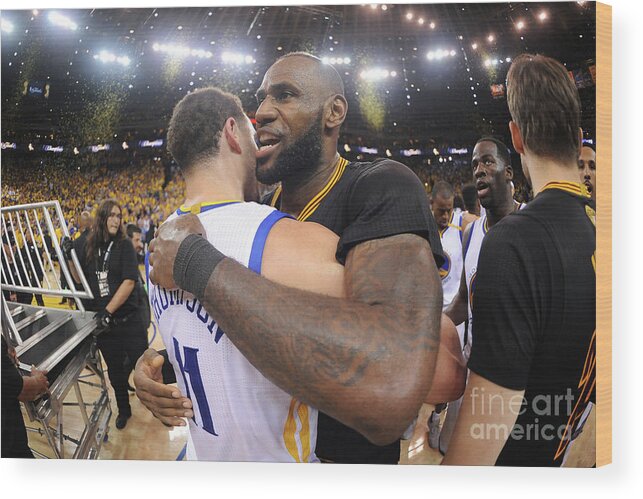Lebron James Wood Print featuring the photograph Klay Thompson and Lebron James by Noah Graham