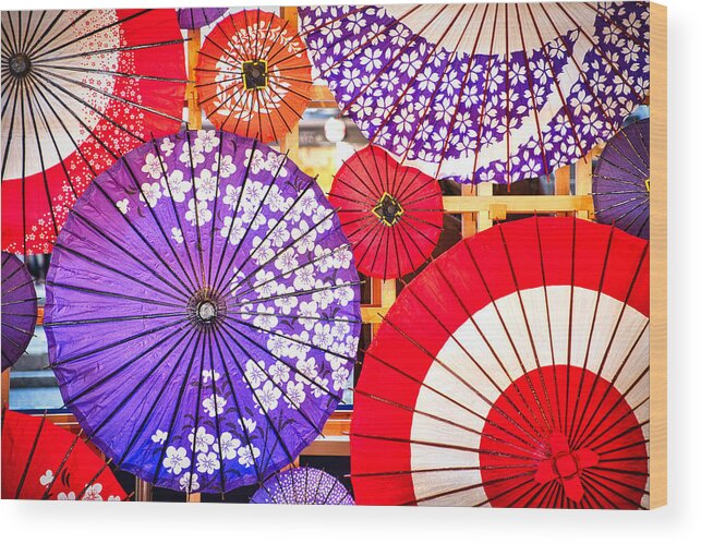 Kyoto Wood Print featuring the photograph Kyoto Parasol Display - Japan by Stuart Litoff