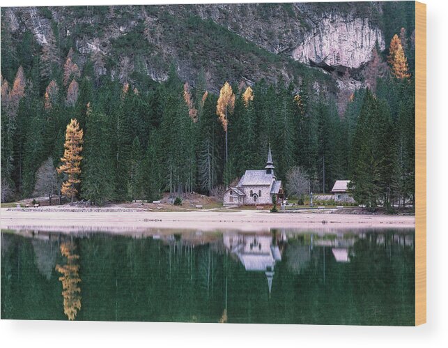 Lago Di Braies Wood Print featuring the photograph La cappella di lago Braies by Elias Pentikis