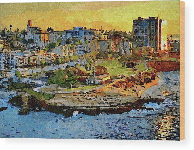 La Jolla Wood Print featuring the painting La Jolla Village at Sunset by Russ Harris