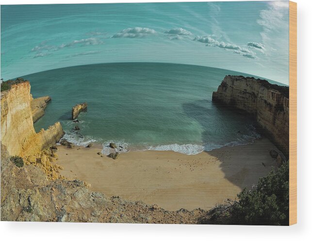 Beach Wood Print featuring the photograph Lagoa cliffs fish-eye view. Algarve, Portugal by Angelo DeVal