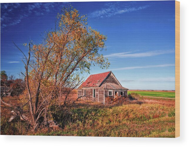 Lake Ibsen Wood Print featuring the photograph Lake Ibsen Schoolhouse number 1 - Benson County ND by Peter Herman