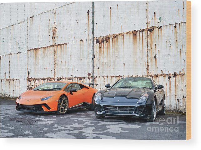 Lamborghini Wood Print featuring the photograph Lamborghini and Ferrari by Tim Gainey