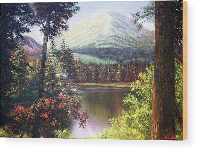 Trees Wood Print featuring the painting Landscape-lake and trees by Loxi Sibley