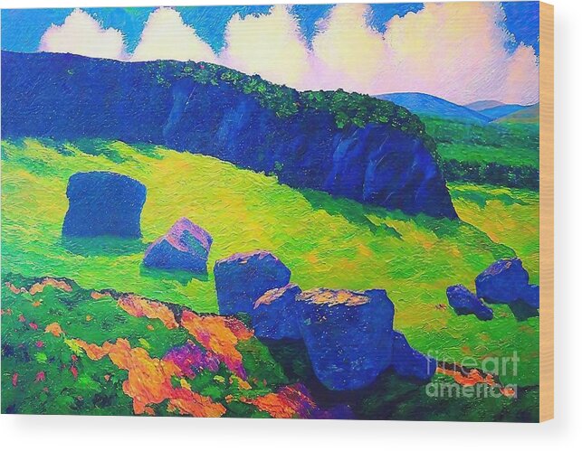 Yorkshire Dales Wood Print featuring the painting Landscape Tan Hill Painting yorkshire dales rocky landscape yorkshire landscape rugged landscape tan hill distant hill landscape by N Akkash